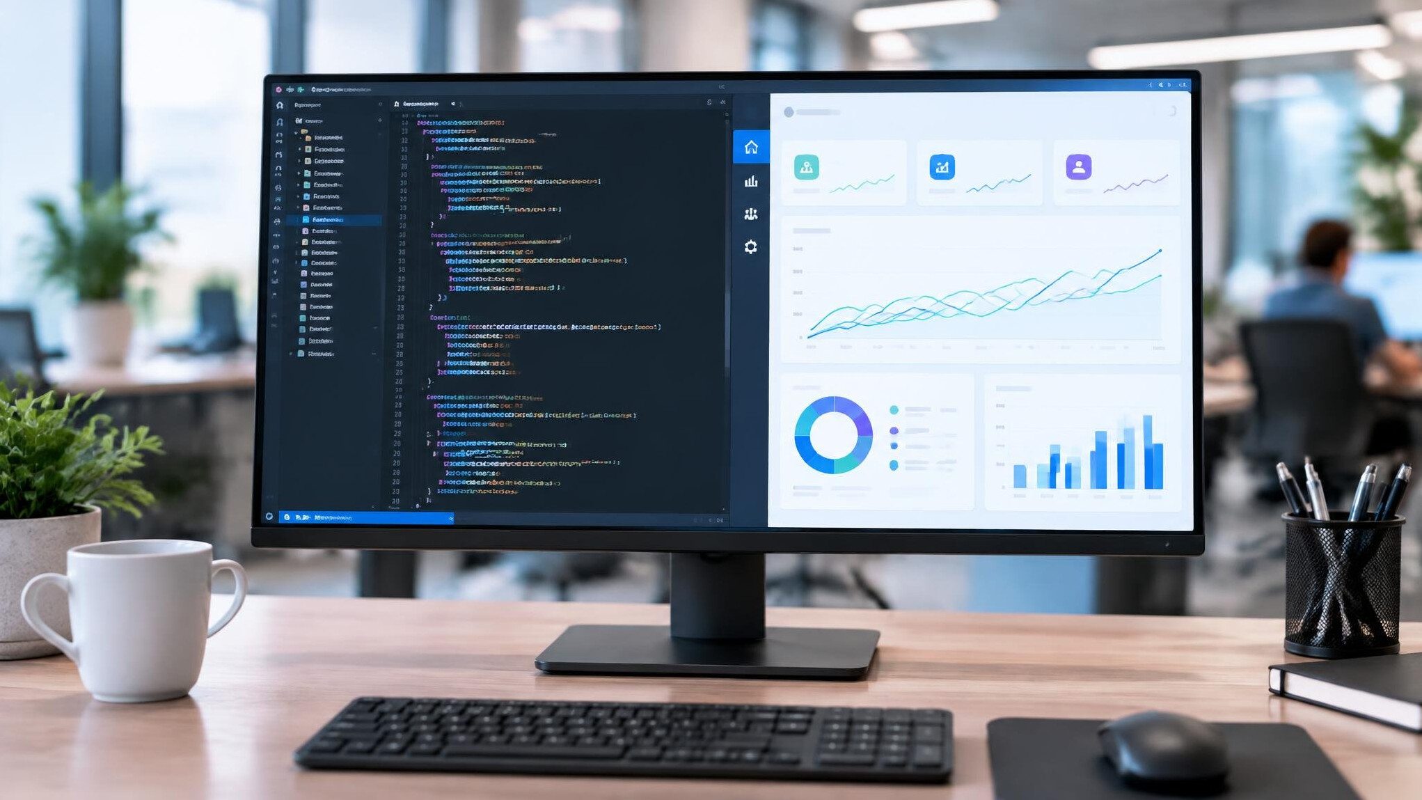 Computer monitor displaying programming code and a software dashboard