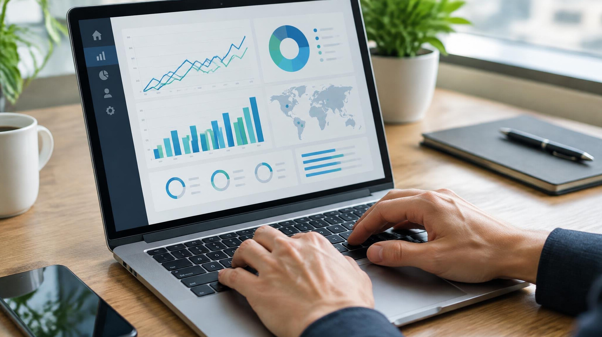 Close-up of hands typing on a laptop with a business dashboard on screen